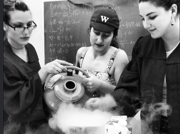 Wellesley School of Witchcraft and Wizardry: Graduating seniors Alex Nagourney '13, Mariami Bekauri '13 and Rachel Zizza '13 celebrate with some liquid nitrogen ice cream.